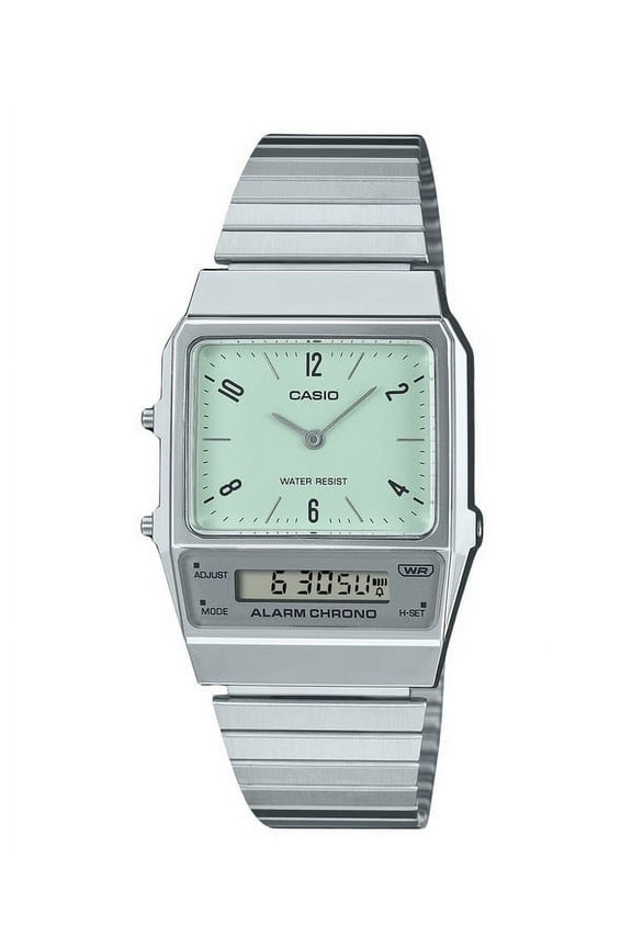 Vintage Analog Digital Dual Time Stainless Steel Bracelet Green Dial Quartz AQ-800E-3A Unisex Watch