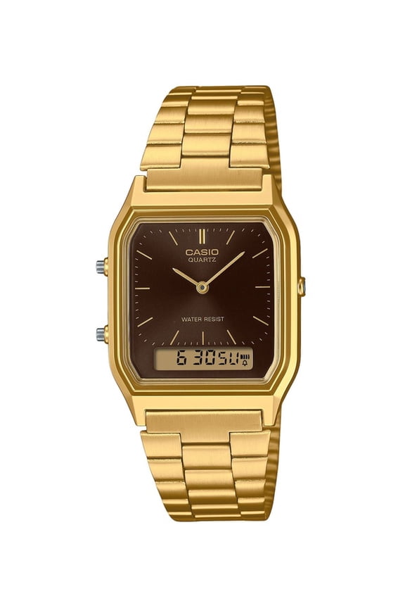 Vintage Analog Digital Gold Tone Stainless Steel Brown Dial Quartz AQ-230GA-5A Unisex Watch