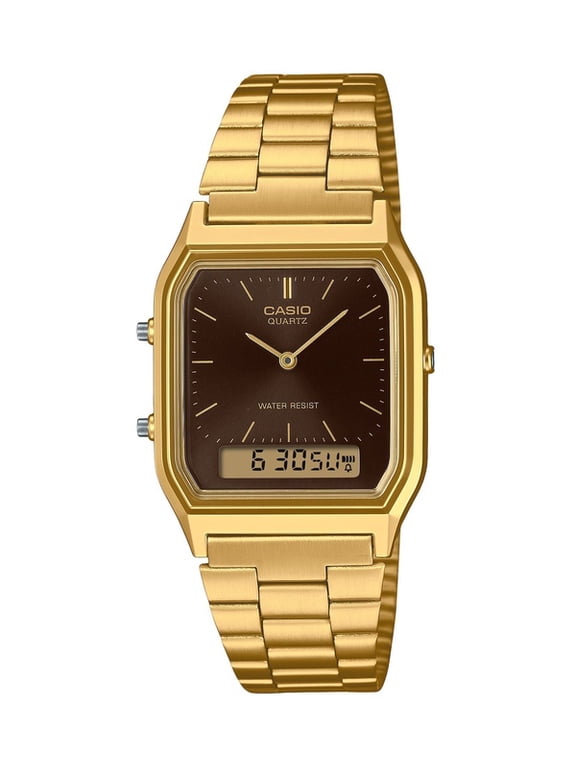 Vintage Analog Digital Gold Tone Stainless Steel Brown Dial Quartz AQ-230GA-5A Unisex Watch