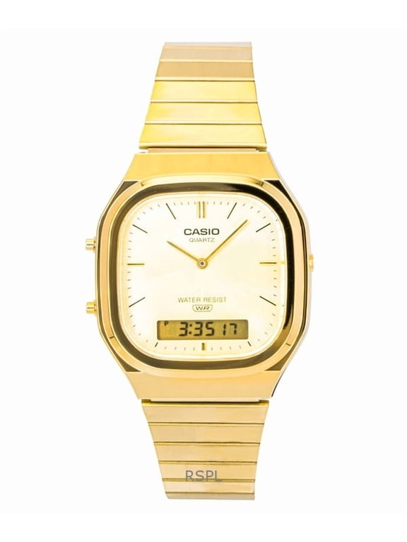 Vintage Analog Digital Gold Tone Stainless Steel Gold Dial Quartz AQ-240EG-9A Unisex Watch