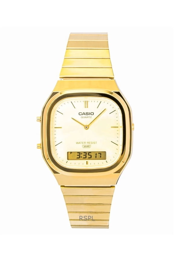 Vintage Analog Digital Gold Tone Stainless Steel Gold Dial Quartz AQ-240EG-9A Unisex Watch