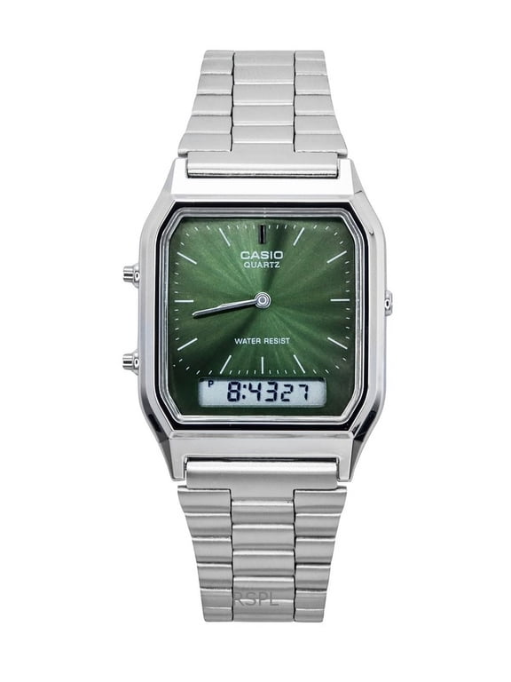 Vintage Analog Digital Green Dial Dual Time Quartz AQ-230A-3AMQY Unisex Watch