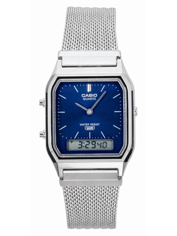 Vintage Analog Digital Stainless Steel Mesh Bracelet Blue Dial Quartz AQ-230EM-2A Unisex Watch