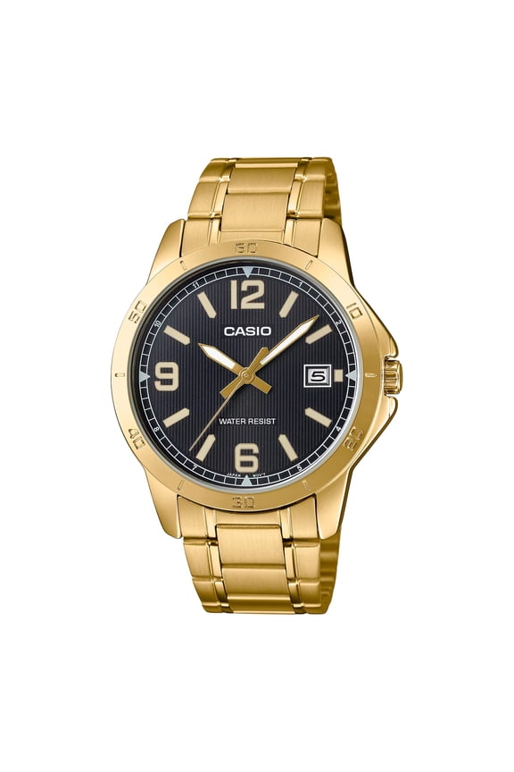 Mens Gold Stainless Steel Watch with Black Dial - MTP-V004G-1BUDF