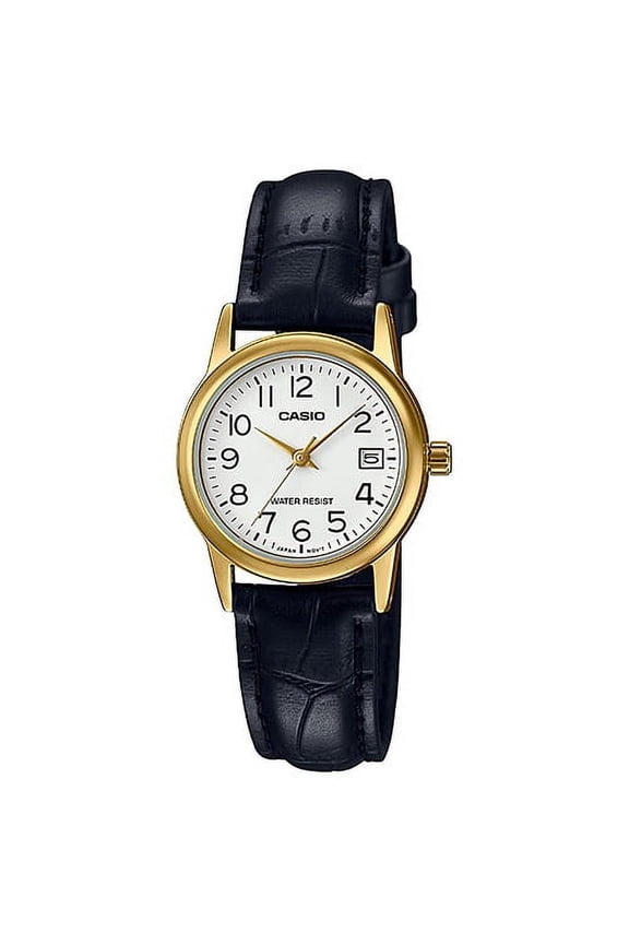 Women Black Leather Band Gold Bezel White Dial Analog Watch LTP-V002GL-7B2UDF
