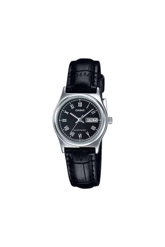 Womens Black Leather Strap Black Dial Analog Watch - LTP-V006L-1BUDF
