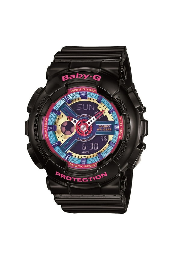 Casio Women's Baby G Quartz 100M WR Shock Resistant Resin Color: Black with Multi Color Face (Model BA-112-1ACR)