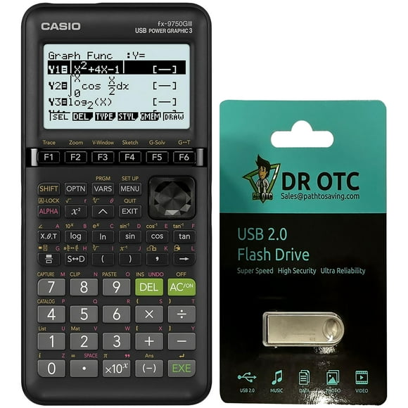 Casio fx-9750GIII, Standard Graphing Calculator, Python and Natural Text Book Display, Black - BONUS. DR OTC USB USB 2.0 Flash Drive