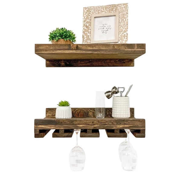 Cask & Timber Wall Mounted Wine Rack with Stemware Glass Holder Solid Wood Floating Shelf, Dark Walnut 24"