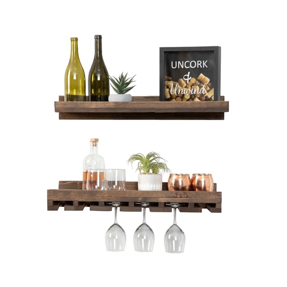 Cask & Timber Wall Mounted Wine Rack with Stemware Glass Holder Solid Wood Floating Shelf, Dark Walnut 30"