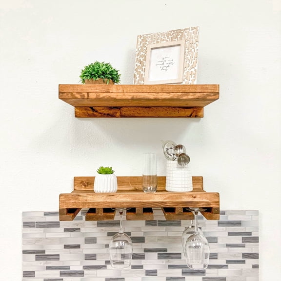 Cask & Timber Wall Mounted Wine Rack with Stemware Glass Holder Solid Wood Floating Shelf, Light Walnut 20"