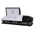 thumbnail image 1 of Casket Emporium Black Cross Casket, 29 inch Oversized various sizes 20 guage non-sealed steel, half-Couch Casket, 1 of 1