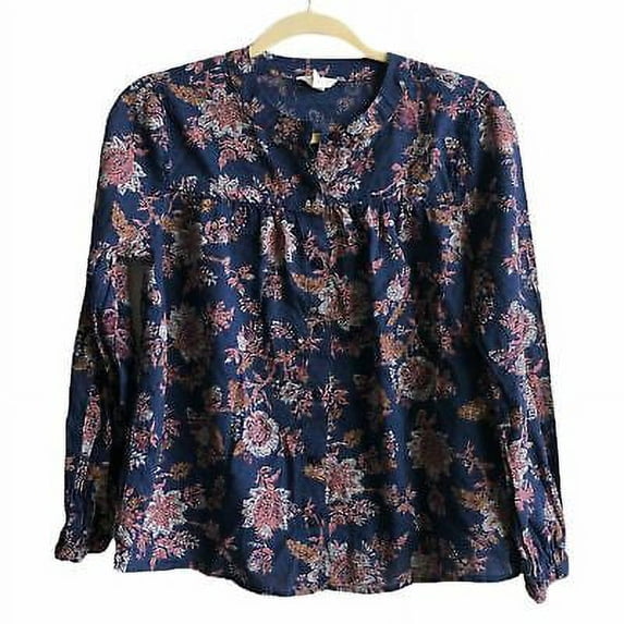 Caslon Women's Lightweight Floral Button Up Blouse, Navy, 1X