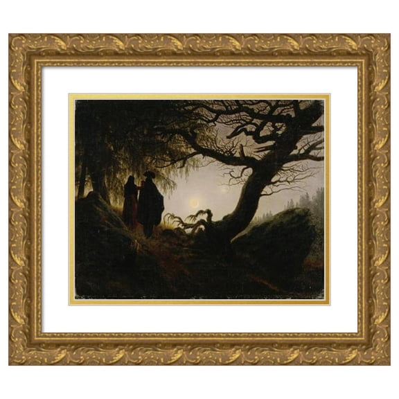 Caspar David Friedrich 24x20 Gold Ornate Framed and Double Matted Museum Art Print Titled - Man and Woman Contemplating the Moon (circa 1824)