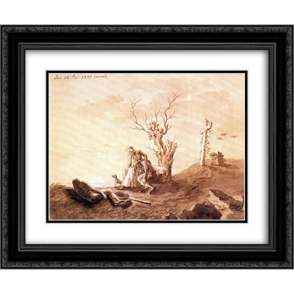 Caspar David Friedrich 2x Matted 24x20 Black Ornate Framed Art Print 'Funeral scene at the beach'