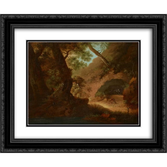 Caspar David Friedrich 2x Matted 24x20 Black Ornate Framed Art Print 'Wolves in the forrest in front of a cave'