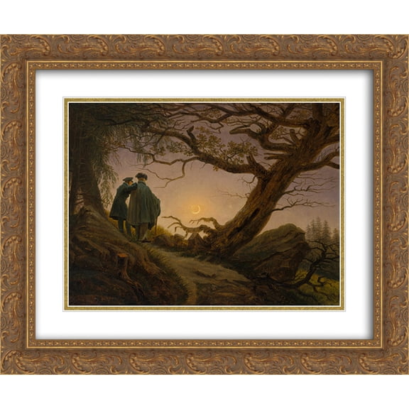 Caspar David Friedrich 2x Matted 24x20 Gold Ornate Framed Art Print 'Two Men Contemplating the Moon'