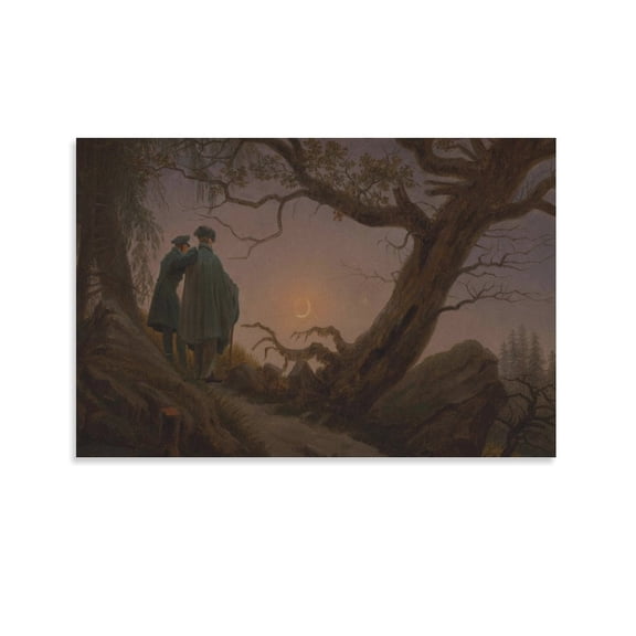 Caspar David Friedrich Two Men Contemplating The Moon Poster Wall Art Poster Scroll Canvas Painting Picture Living Room Decor Home 08x12inch(20x30cm)
