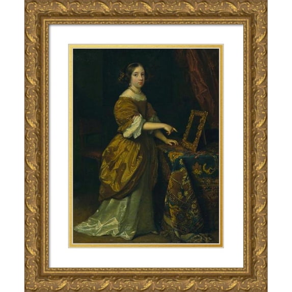 Caspar Netscher 12x14 Gold Ornate Wood Frame and Double Matted Museum Art Print Titled - Girl Standing Before a Mirror (1668)