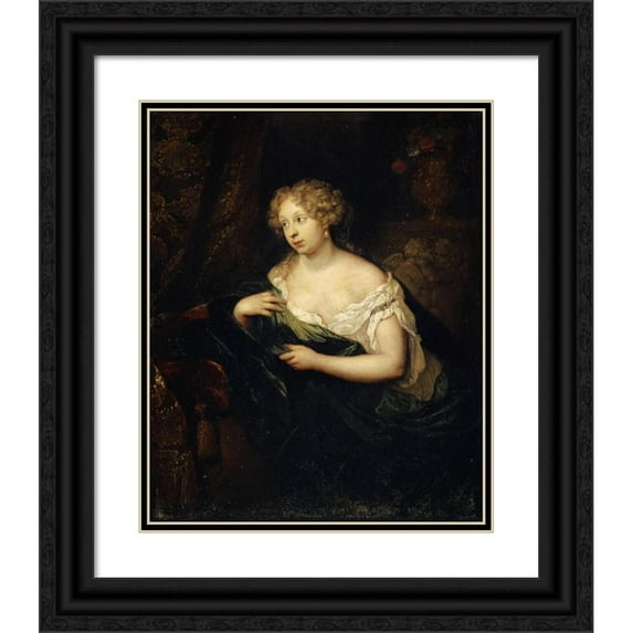 Caspar Netscher 15x18 Black Ornate Wood Framed Double Matted Museum Art Print Titled - Lady in Front of a Mirror (1681)