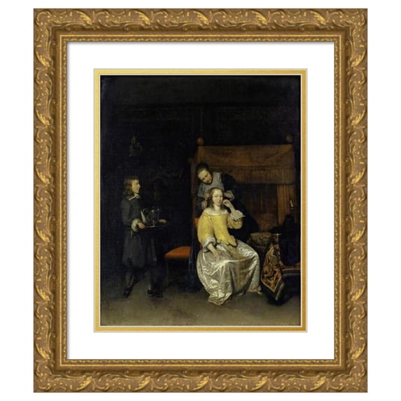 Caspar Netscher 15x18 Gold Ornate Wood Frame and Double Matted Museum Art Print Titled - Lady at Her Toilet (1658-1660)