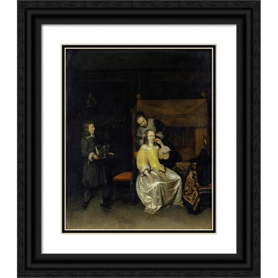 Caspar Netscher 20x24 Black Ornate Framed Double Matted Museum Art Print Titled: Lady at Her Toilet (1658-1660)