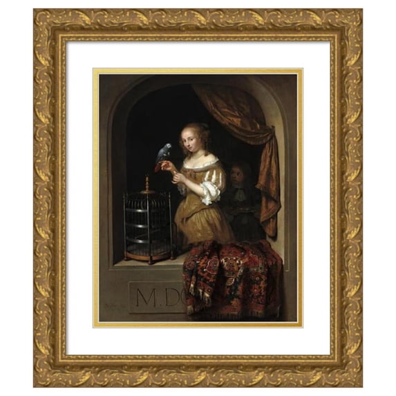 Caspar Netscher 20x24 Gold Ornate Framed and Double Matted Museum Art Print Titled - A Woman Feeding a Parrot, with a Page (1666)