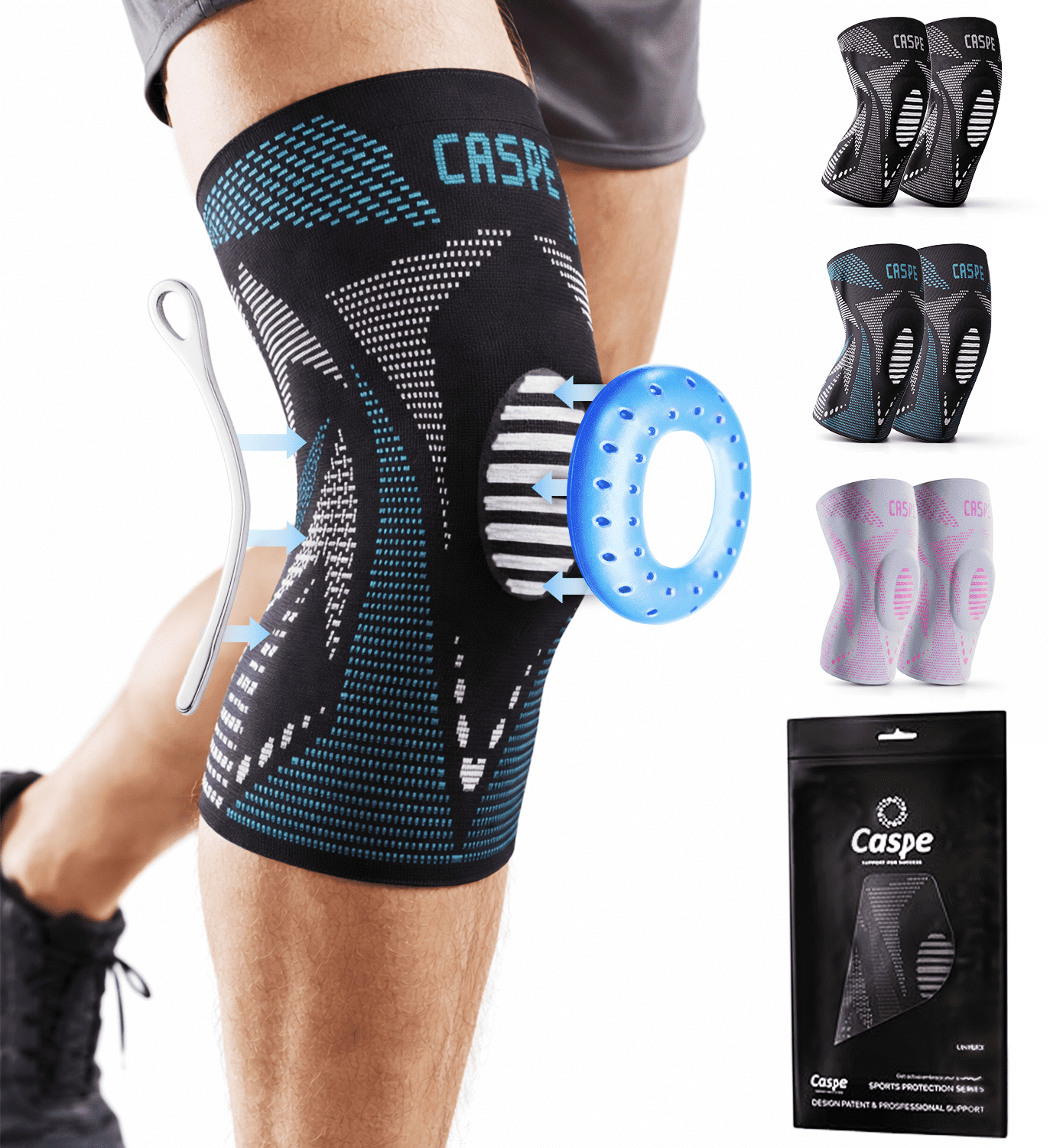 Caspe 2 Pack Compression Knee Brace with Patella Gel Pad & Side Stabilizers – Knee Support Sleeve for Men & Women, Running, Workout & Daily Use