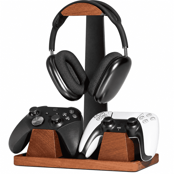 Caspe Walnut Wood Gaming Headset Stand with 2 Controller Holders and Storage Tray, Brown, 1 Count