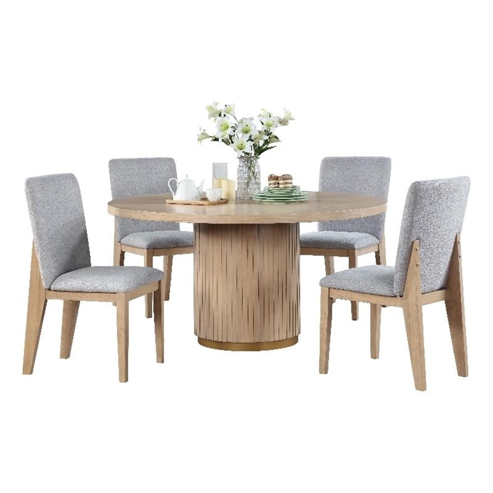 Caspian 5 Piece 59" Round Oak Finish Wood Dining Table Set with Gray ...