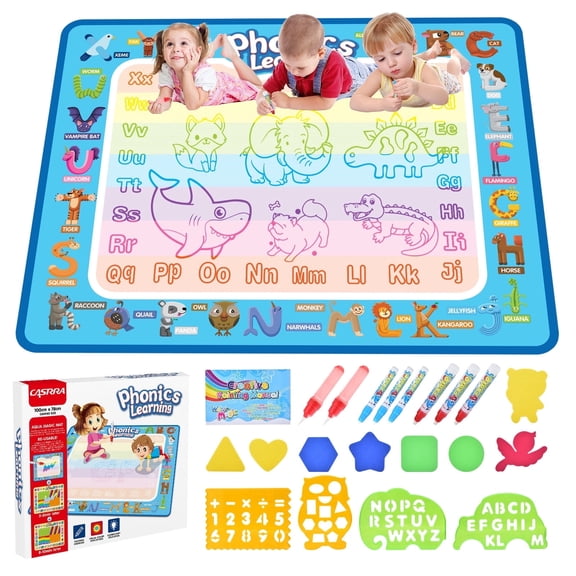 Casrra Water Doodle Mat for Kids, Large Water Drawing Mat with 23 Educational Toys, Toddler 3-6