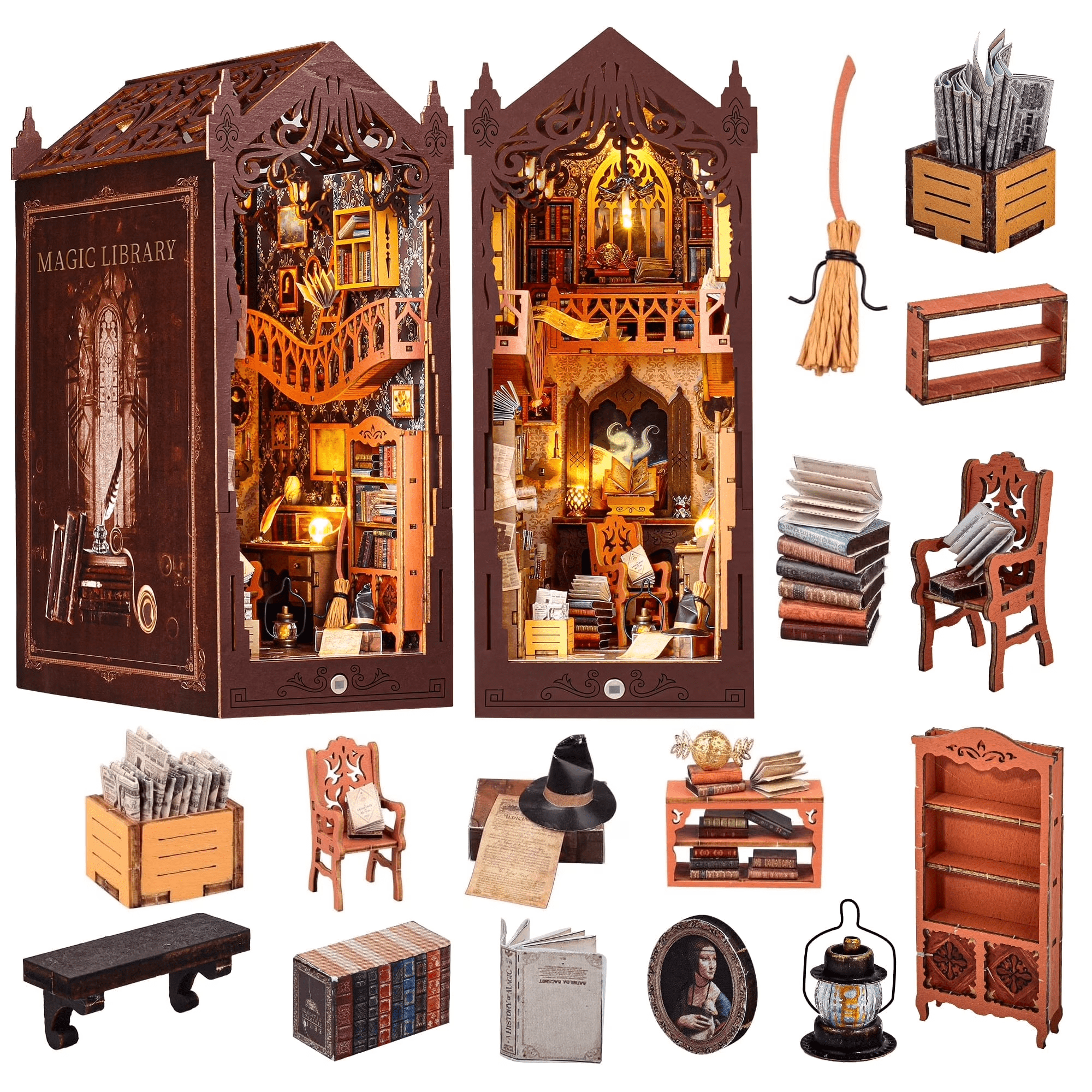 Casrra TSZH227 Mini DIY Wooden Books Nook Kit for Bookshelves, 3D