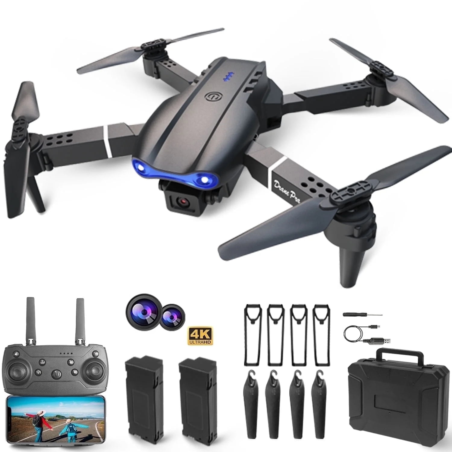 Casrra Drone E99pro HD Dual Camera Quadcopter, Foldable, Altitude Hold, 30 Min Flight, 2 Batteries, Black Case