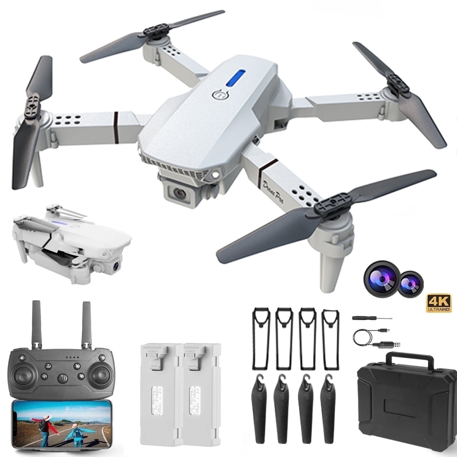 Casrra Drone Dual HD Cameras, FPV Foldable, Kids & Adults RC Quadcopter for Beginners, 2 Batteries, Carrying Case, Gray