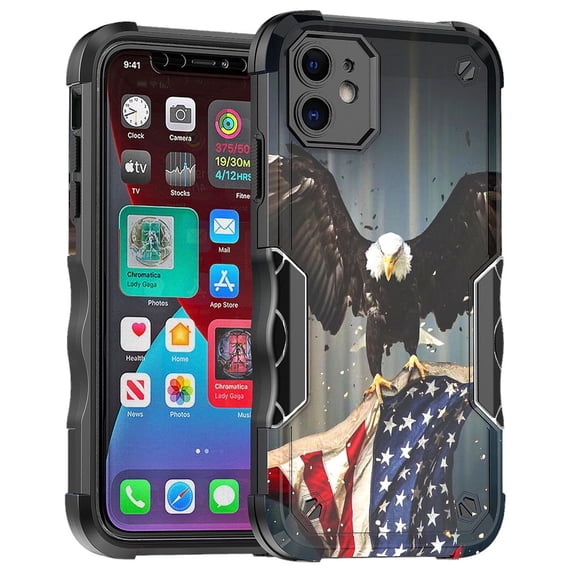 Cass Creations Case Compatible for iPhone 11 (6.1 Inch), Hybrid Shockproof Bumper Protective Phone Cover - American Bald Eagle Flying with Flag