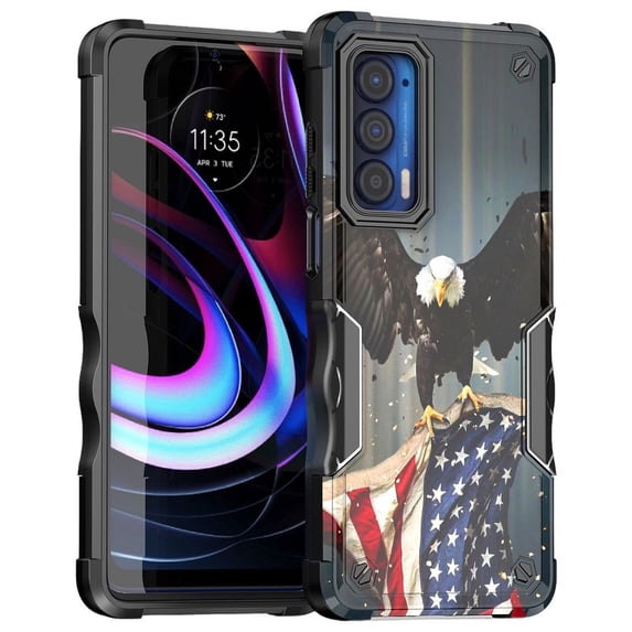 Cass Creations Case Compatible with Motorola Edge 2021 5G UW, Hybrid Shockproof Bumper Protective Phone Cover - American Bald Eagle Flying with Flag