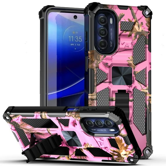 Cass Creations Case for Motorola Moto G Stylus 2022 4G LTE, Military Grade Armor Case Kickstand Phone Cover with Tempered Glass Screen Protector - Hunting Camo Pink