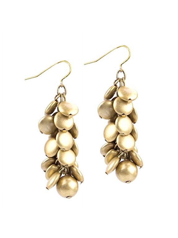 Elegant Gold Tone Cluster Bead Drop Earrings - Statement Dangle Fashion Jewelry Earring Gold