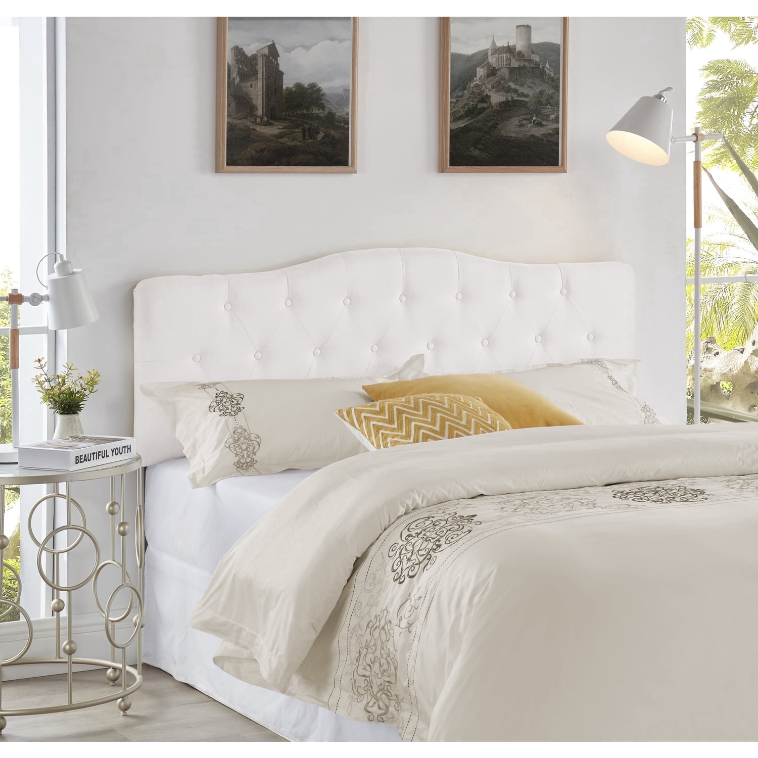 Naomi Home Cassandra Queen size headboard only, Height Adjustable Queen Size Headboard, Button Tufted Headboard with 12 Positions, Metal Legs, Wall/Bed Mount, Linen Fabric headboard Queen, White