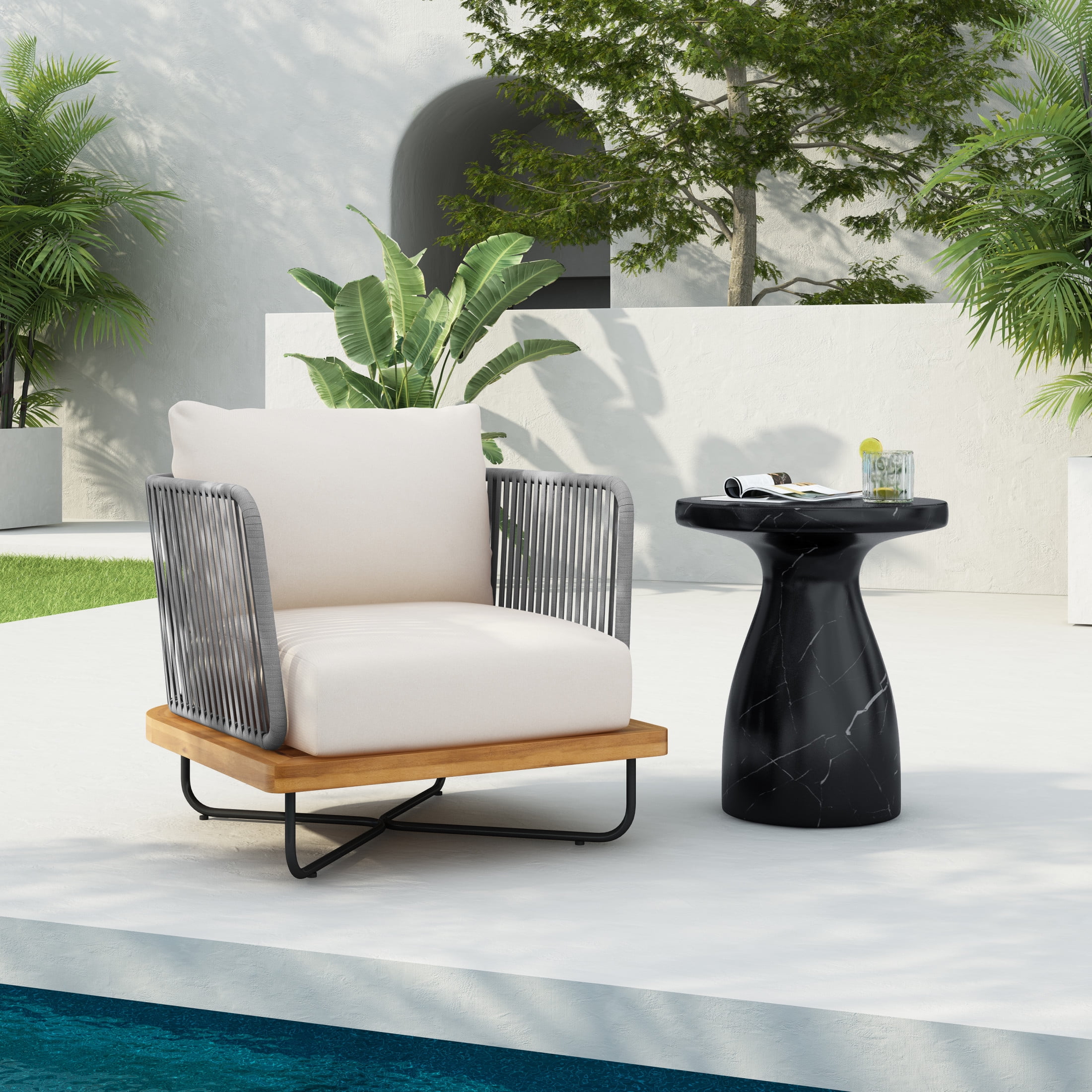 Cassants Upholstered Outdoor Patio Lounge Chair with Iron Base, Acacia Wood, Beige