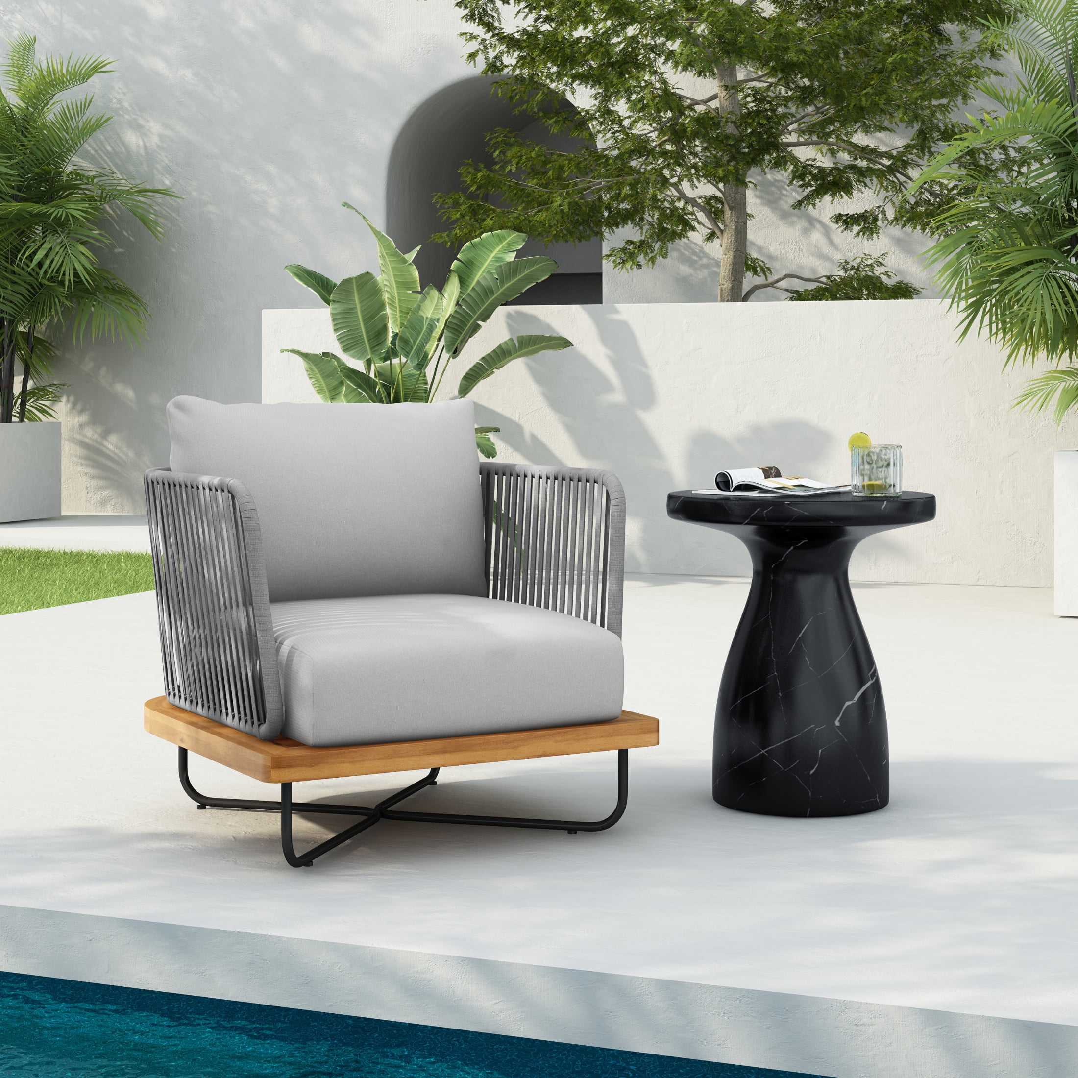 Cassants Upholstered Outdoor Patio Lounge Chair with Iron Base, Acacia Wood, Light Grey