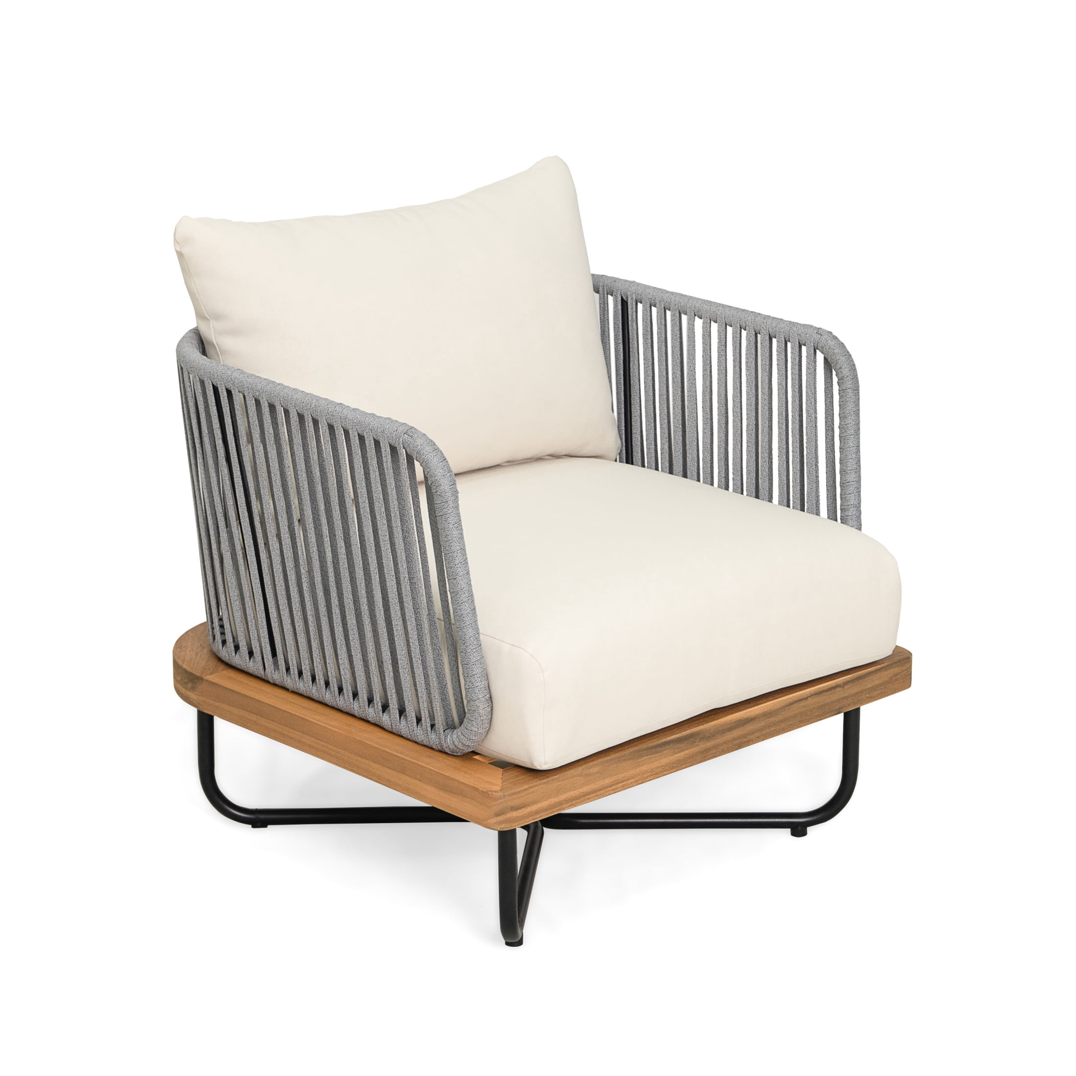 Cassants Upholstered Outdoor Patio Lounge Chair with Iron Base, Acacia Wood, Beige, Set of 4