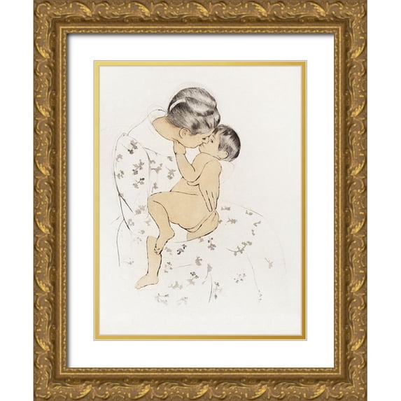 Cassatt, Mary 19x24 Gold Ornate Wood Framed with Double Matting Museum Art Print Titled - Mothers Kiss