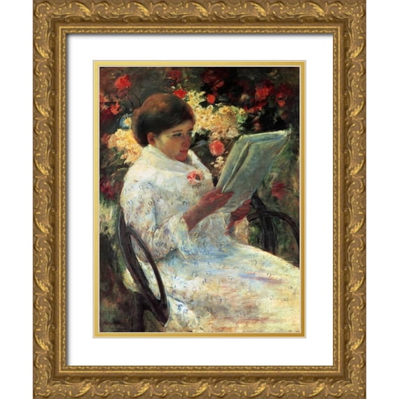 Cassatt, Mary 19x24 Gold Ornate Wood Framed with Double Matting Museum Art Print Titled - Woman Reading In A Garden 1880