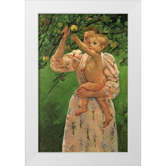 Cassatt, Mary 22x32 White Modern Wood Framed Museum Art Print Titled - Baby Reaching For An Apple 1893