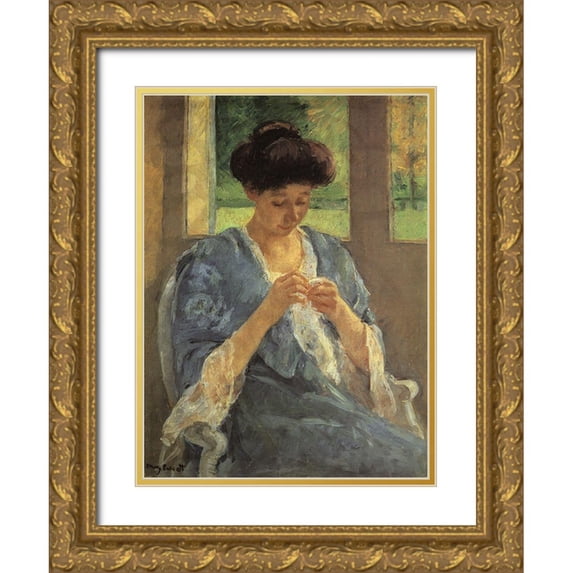 Cassatt, Mary 25x32 Gold Ornate Wood Framed with Double Matting Museum Art Print Titled - Augusta Sewing Before A Window 1910