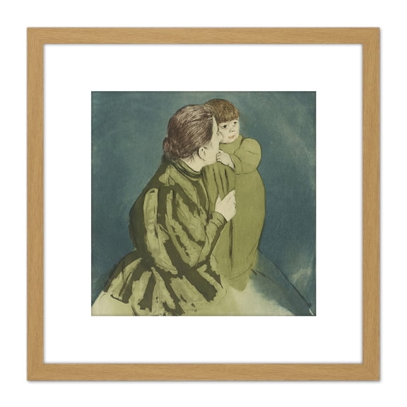 Cassatt Mother And Child Painting 8X8 Inch Square Wooden Framed Wall Art Print Picture with Mount
