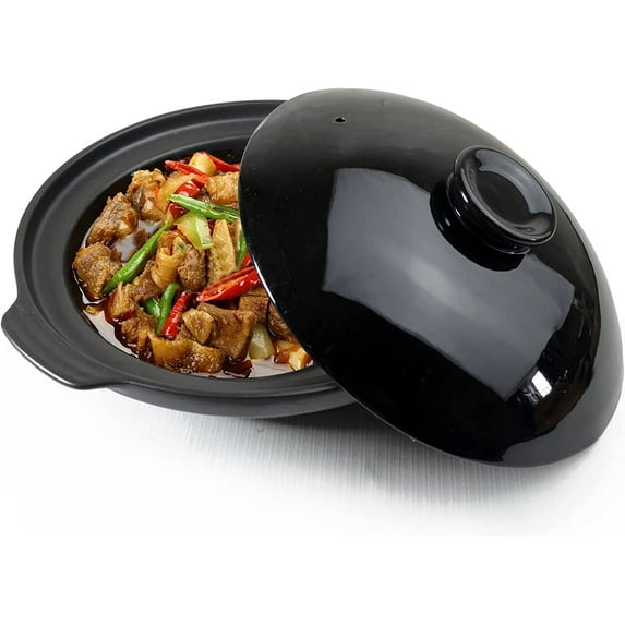 Casserole Clay Pot Heat-resistant Premium Ceramic Bowl with Lid Cook Soup Terrine Black (Black 42oz)