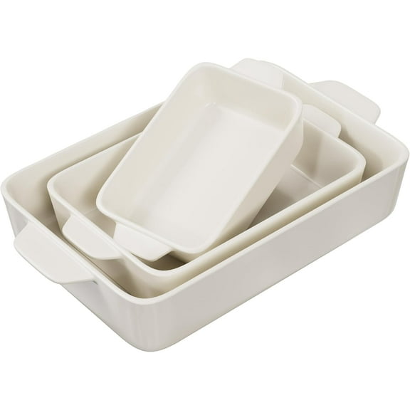 Casserole Dish, Ceramic Baking Dish, Large Lasagna Pan Deep for Oven, 8.5 x 14, 11 x 7, 8 x 5, Set of 3, 92oz, 50oz, 20oz, Baking Pan with Handles, Oven Safe and Durable, Home, Gift, (Cream)