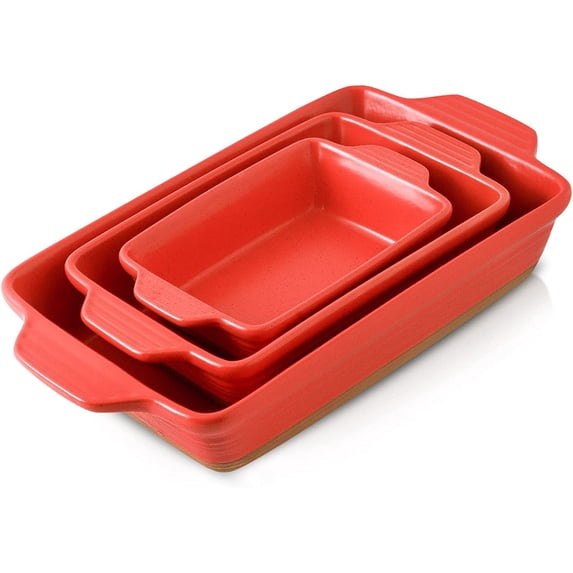 Casserole Dish, Ceramic Baking Dish for Oven, Extra Large Lasagna Pans for Cooking Oven Safe, Rectangular Bakeware set of 3, Bakers & Casseroles With Handles, 14.5 x 8 x 2.75 Inches, Red